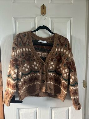 ZARA Knit Fair Isle Crop Cardigan Sweater Brown - Small